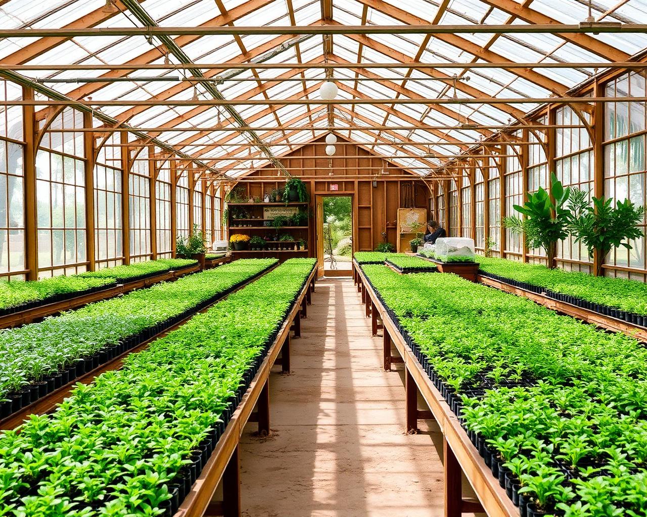 Greenhouse interior filled with healthy plants