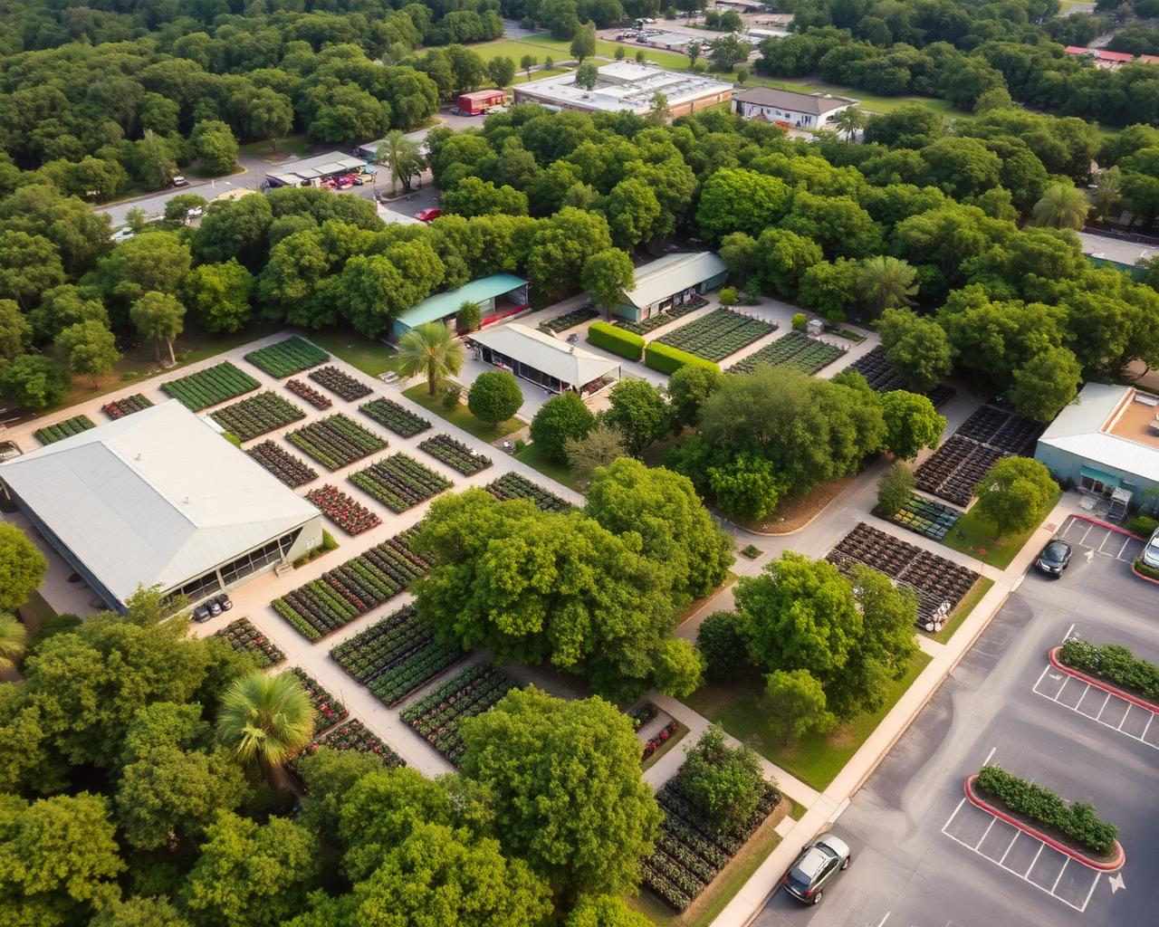 Aerial view of a garden center nursery complex